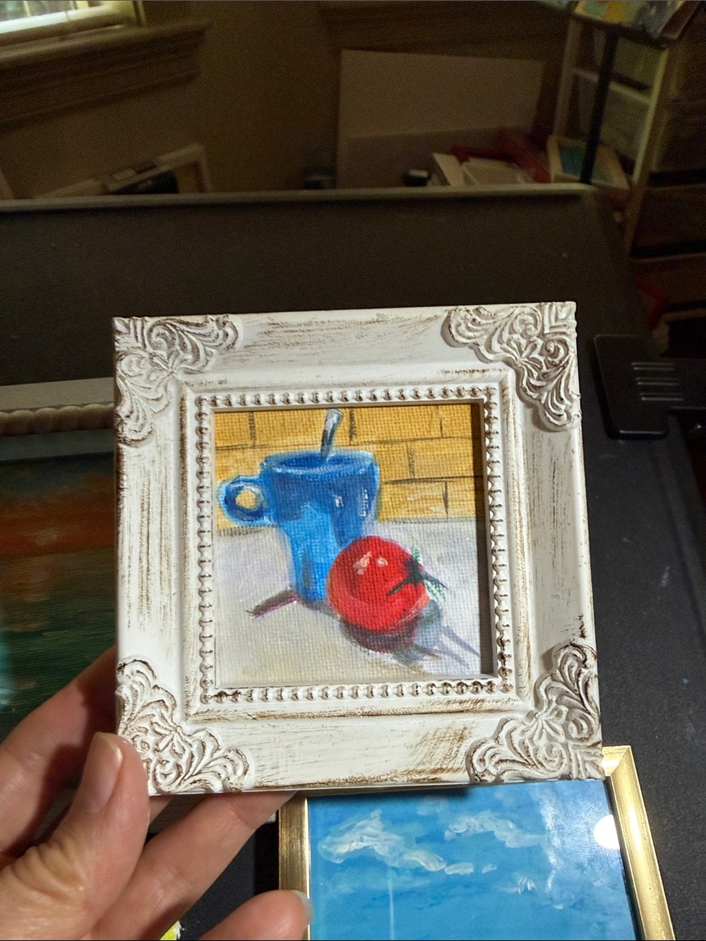 Hand-Painted Blue Cup and Red Apple Mini Canvas - Home Art